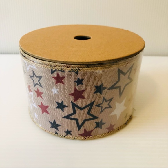 Wired Ribbon Natural w/ Red White & Blue Star Pattern 4th July Patriotic Decor - Picture 1 of 5